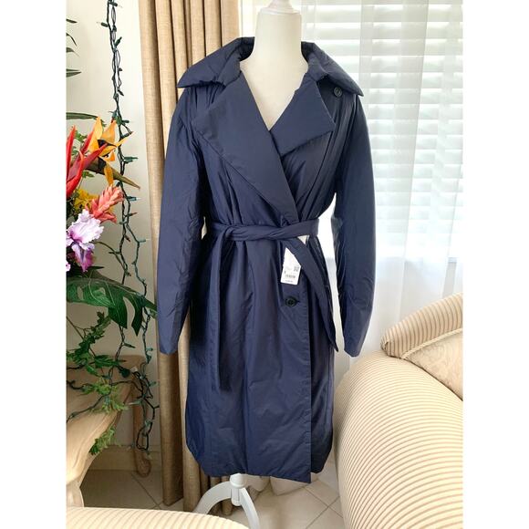 Uniqlo Down Belted Long Trench Coat in Navy Blue - Picture 3 of 14